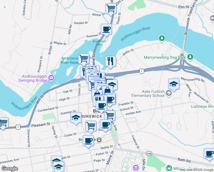map of restaurants, bars, coffee shops, grocery stores, and more near 12 Federal Street in Brunswick