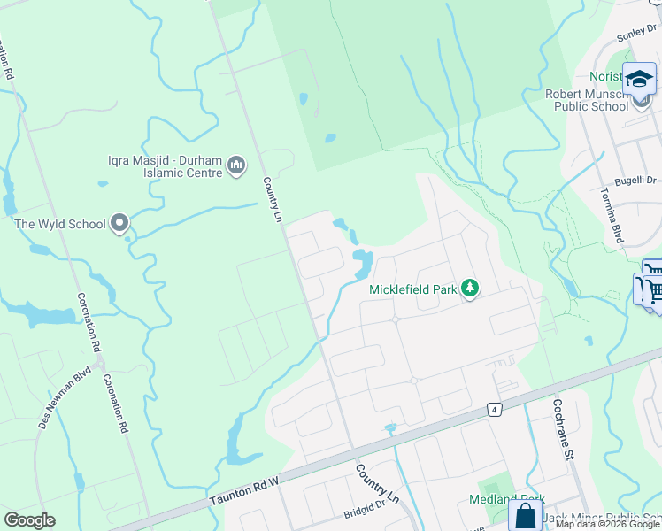map of restaurants, bars, coffee shops, grocery stores, and more near 57 Blenheim Circle in Whitby