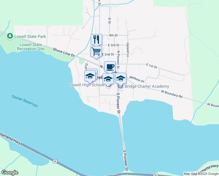 map of restaurants, bars, coffee shops, grocery stores, and more near 65 Pioneer Street in Lowell