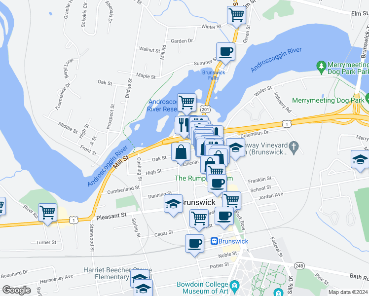 map of restaurants, bars, coffee shops, grocery stores, and more near 9 Gilman Avenue in Brunswick