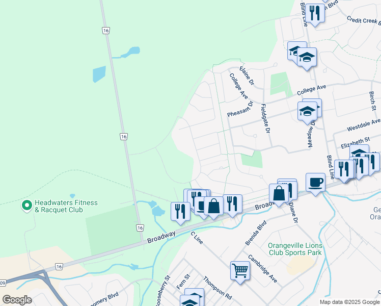 map of restaurants, bars, coffee shops, grocery stores, and more near 112 Parkinson Crescent in Orangeville