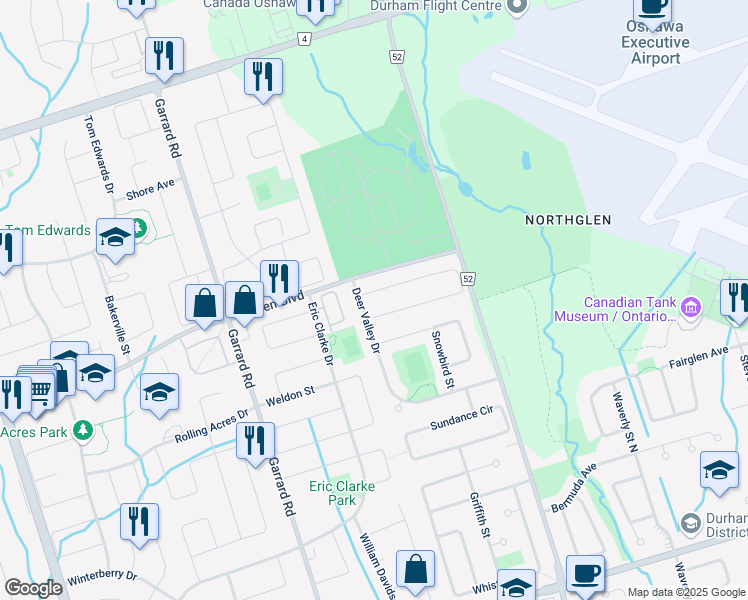 map of restaurants, bars, coffee shops, grocery stores, and more near 996 Deer Valley Drive in Oshawa