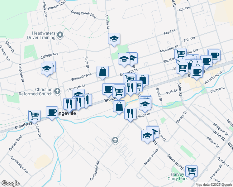 map of restaurants, bars, coffee shops, grocery stores, and more near in Orangeville
