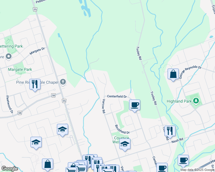 map of restaurants, bars, coffee shops, grocery stores, and more near 153 Varcoe Road in Courtice