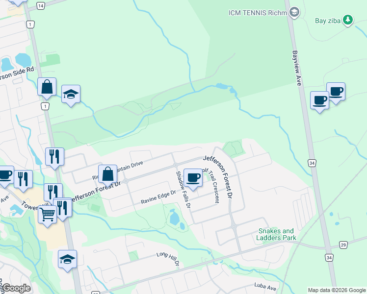 map of restaurants, bars, coffee shops, grocery stores, and more near 141 Riding Mountain Drive in Richmond Hill