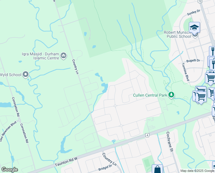 map of restaurants, bars, coffee shops, grocery stores, and more near 16 Beaverdams Drive in Whitby
