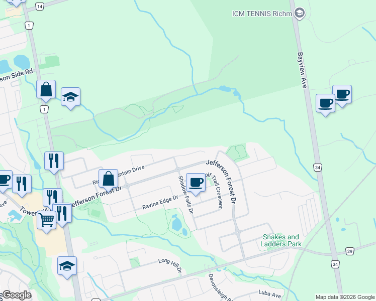 map of restaurants, bars, coffee shops, grocery stores, and more near 148 Riding Mountain Drive in Richmond Hill