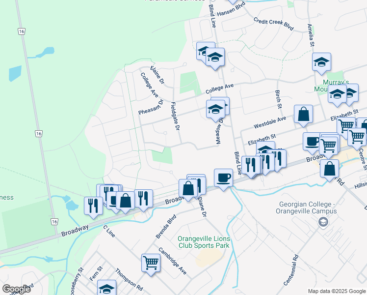 map of restaurants, bars, coffee shops, grocery stores, and more near 107 Meadow Drive in Orangeville