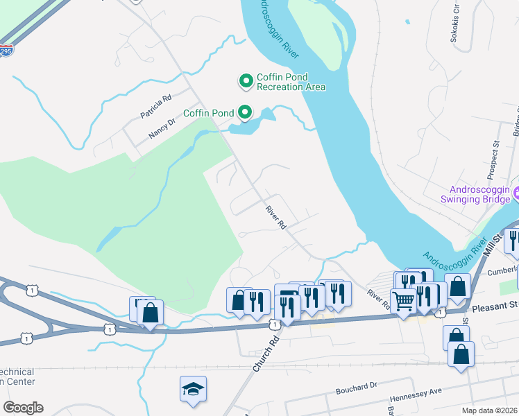 map of restaurants, bars, coffee shops, grocery stores, and more near 101 River Road in Brunswick