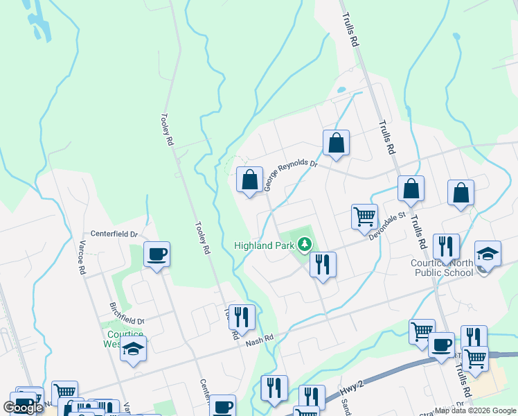 map of restaurants, bars, coffee shops, grocery stores, and more near 55 Mull Crescent in Courtice