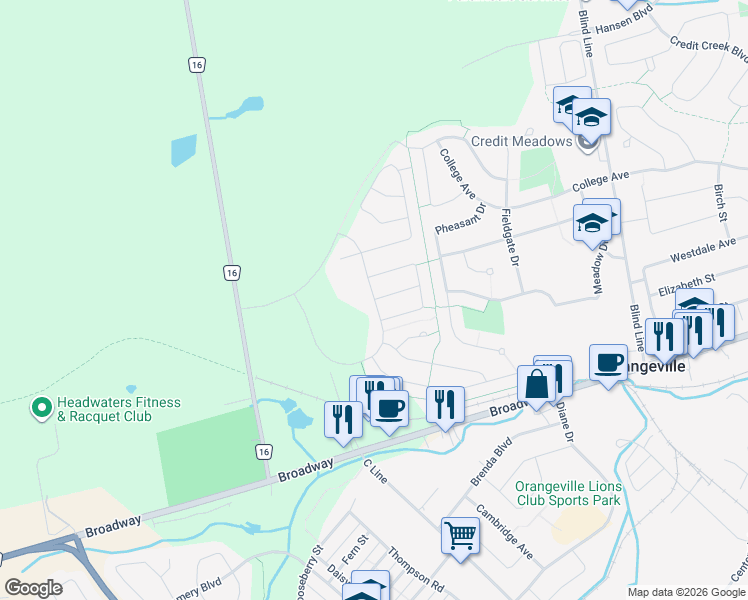 map of restaurants, bars, coffee shops, grocery stores, and more near Parkinson Crescent in Orangeville