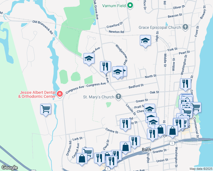 map of restaurants, bars, coffee shops, grocery stores, and more near 135 Bedford Street in Bath