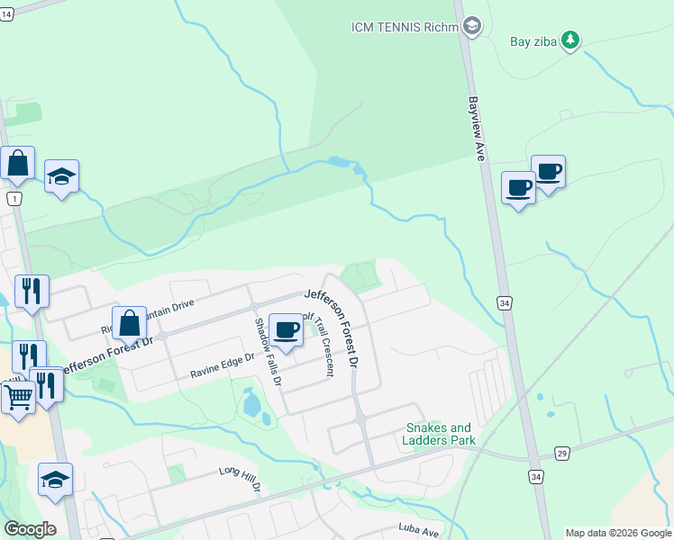 map of restaurants, bars, coffee shops, grocery stores, and more near 208 Hunting Ridges Drive in Richmond Hill