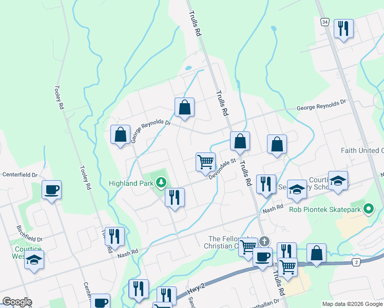 map of restaurants, bars, coffee shops, grocery stores, and more near 79 Broadlands Crescent in Clarington