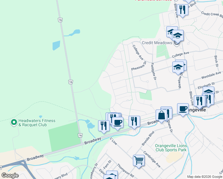map of restaurants, bars, coffee shops, grocery stores, and more near 112 Parkinson Crescent in Orangeville