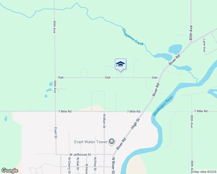 map of restaurants, bars, coffee shops, grocery stores, and more near 8560 7 Mile Road in Evart