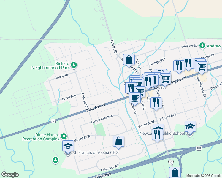 map of restaurants, bars, coffee shops, grocery stores, and more near 262 King Avenue West in Newcastle