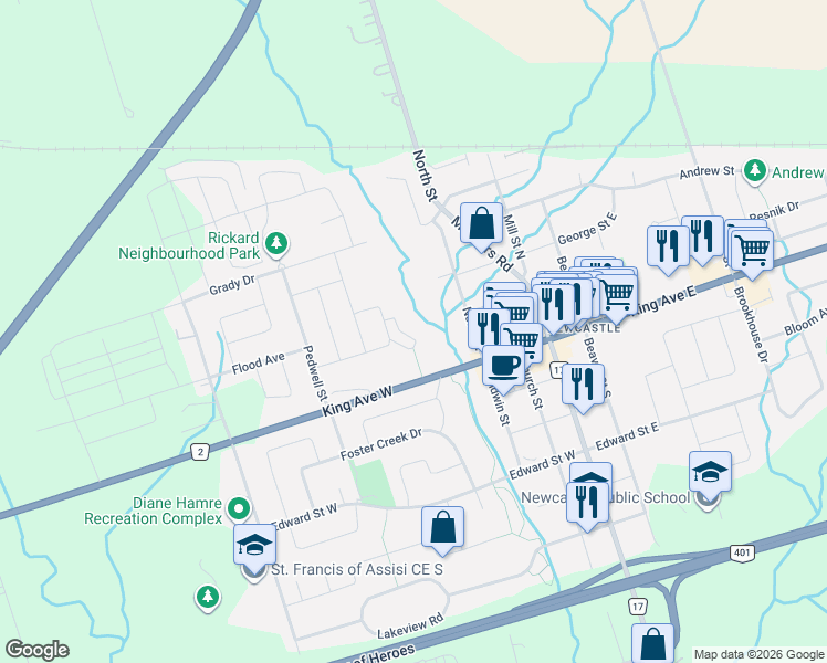 map of restaurants, bars, coffee shops, grocery stores, and more near 41 Aldridge Lane in Newcastle