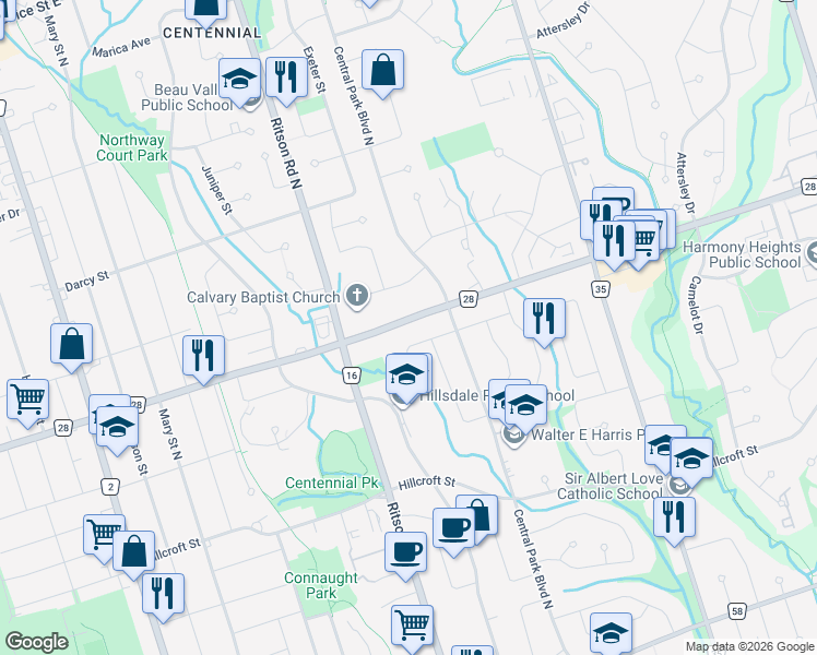 map of restaurants, bars, coffee shops, grocery stores, and more near 377 Rossland Road East in Oshawa