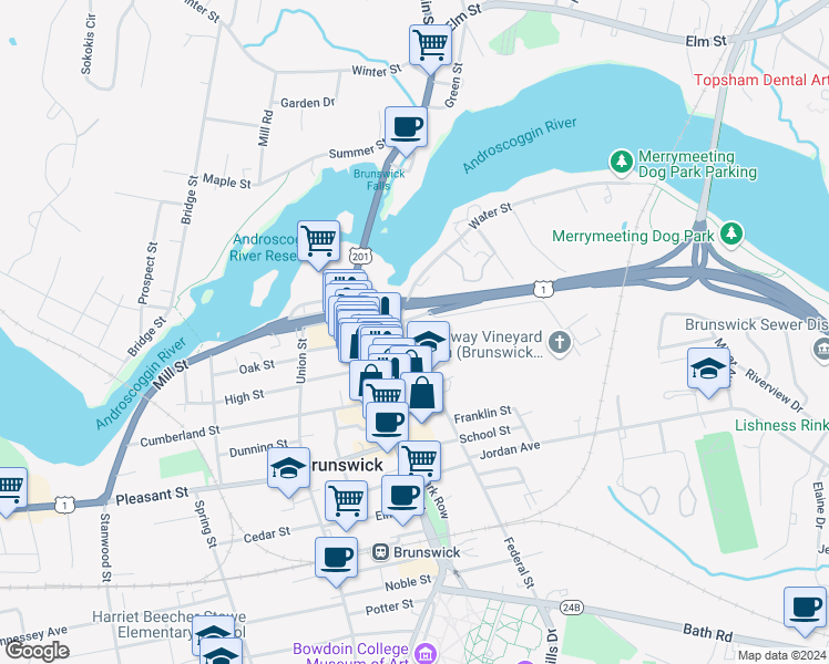 map of restaurants, bars, coffee shops, grocery stores, and more near 12 Federal Street in Brunswick