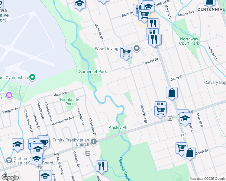 map of restaurants, bars, coffee shops, grocery stores, and more near 218 Glenwood Crescent in Oshawa