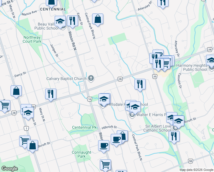 map of restaurants, bars, coffee shops, grocery stores, and more near 389 Rossland Road East in Oshawa