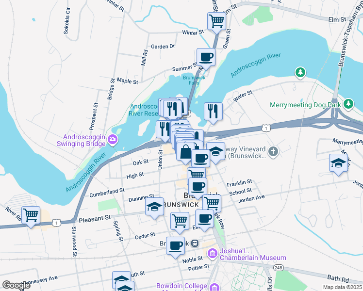 map of restaurants, bars, coffee shops, grocery stores, and more near 11 Maine Street in Brunswick