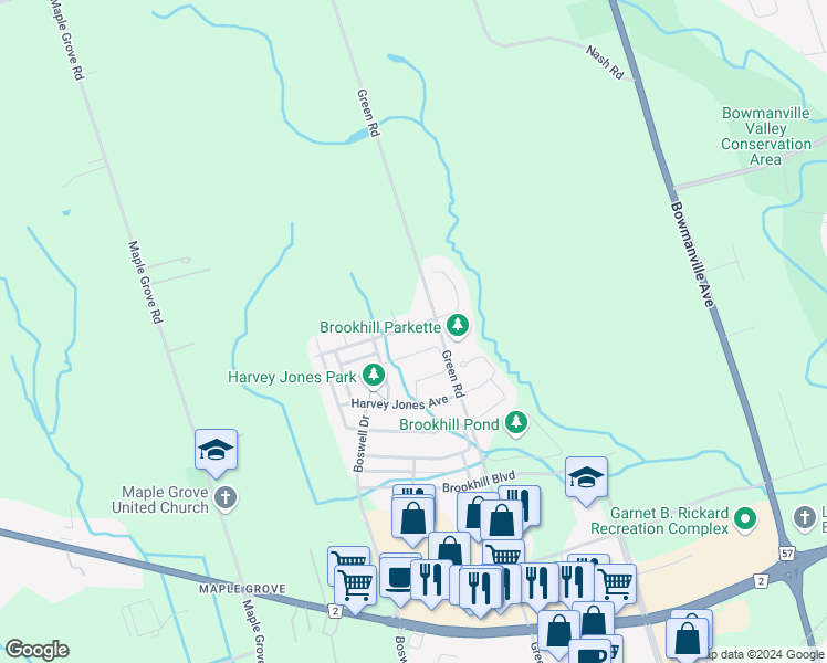 map of restaurants, bars, coffee shops, grocery stores, and more near 19 Ross Wright Avenue in Bowmanville