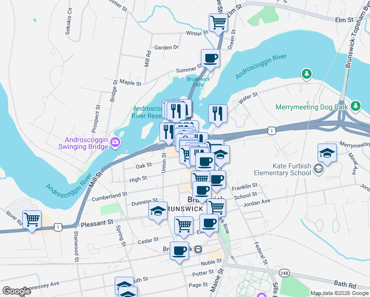 map of restaurants, bars, coffee shops, grocery stores, and more near 11 Maine Street in Brunswick
