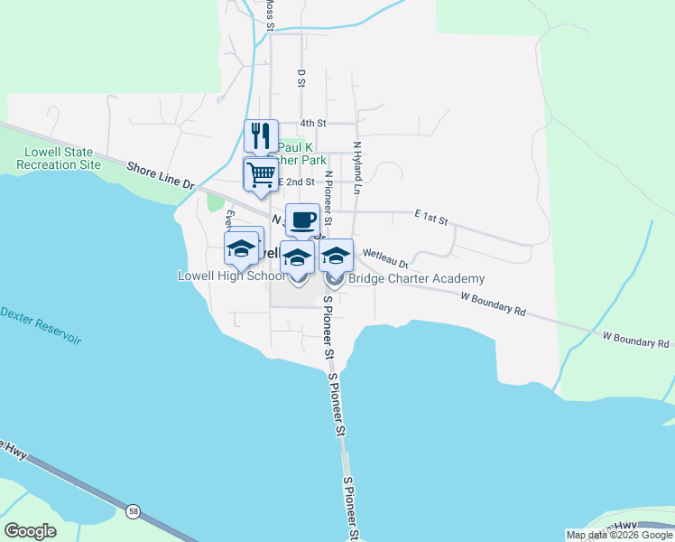 map of restaurants, bars, coffee shops, grocery stores, and more near 220 East Main Street in Lowell
