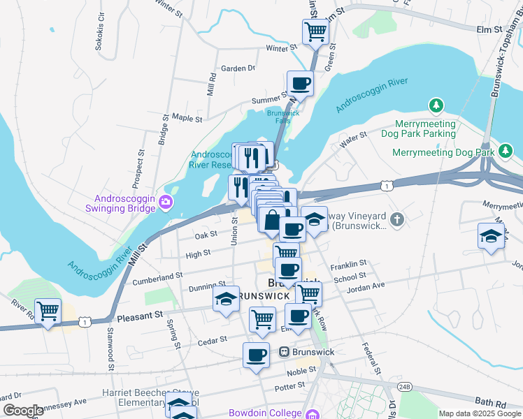 map of restaurants, bars, coffee shops, grocery stores, and more near 14 Maine Street in Brunswick