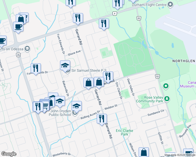 map of restaurants, bars, coffee shops, grocery stores, and more near 16 Treen Crescent in Whitby