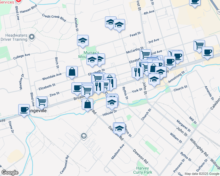 map of restaurants, bars, coffee shops, grocery stores, and more near 268 Broadway in Orangeville