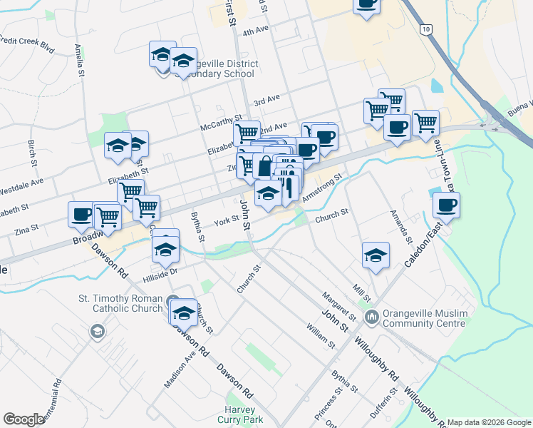 map of restaurants, bars, coffee shops, grocery stores, and more near in Orangeville