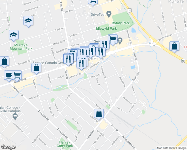 map of restaurants, bars, coffee shops, grocery stores, and more near 16 Church Street in Orangeville