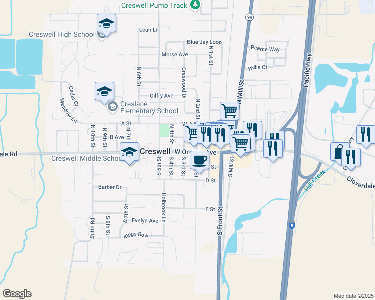 map of restaurants, bars, coffee shops, grocery stores, and more near 298 West Oregon Avenue in Creswell