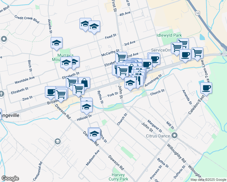 map of restaurants, bars, coffee shops, grocery stores, and more near in Orangeville
