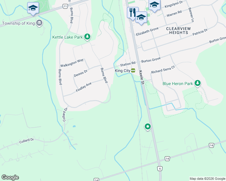 map of restaurants, bars, coffee shops, grocery stores, and more near 372 Burns Boulevard in King City
