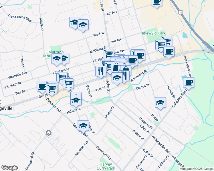 map of restaurants, bars, coffee shops, grocery stores, and more near 2 York Street in Orangeville