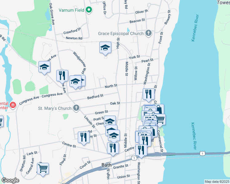 map of restaurants, bars, coffee shops, grocery stores, and more near 106 North Street in Bath