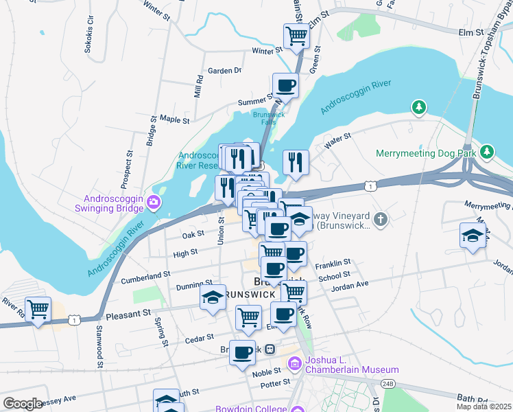 map of restaurants, bars, coffee shops, grocery stores, and more near 11 Maine Street in Brunswick