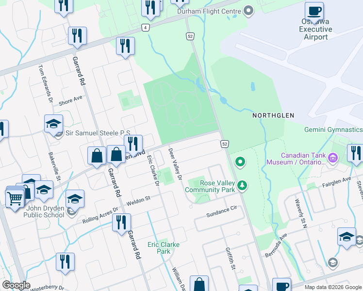 map of restaurants, bars, coffee shops, grocery stores, and more near 1201 Beaver Valley Crescent in Oshawa