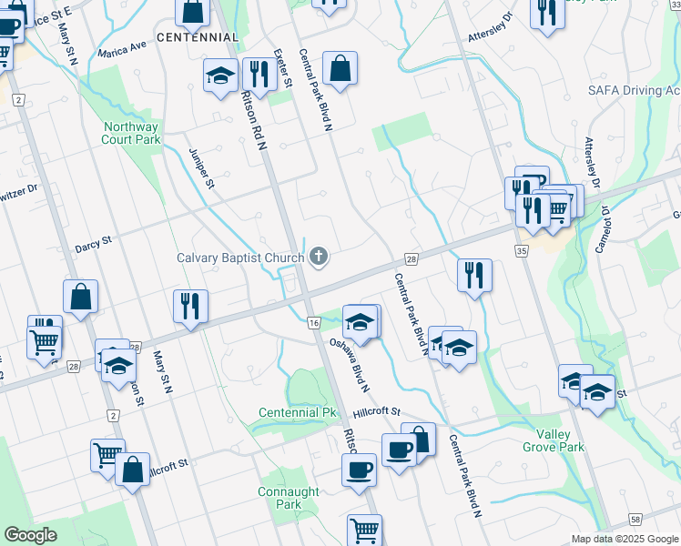 map of restaurants, bars, coffee shops, grocery stores, and more near 350 Rossland Road East in Oshawa
