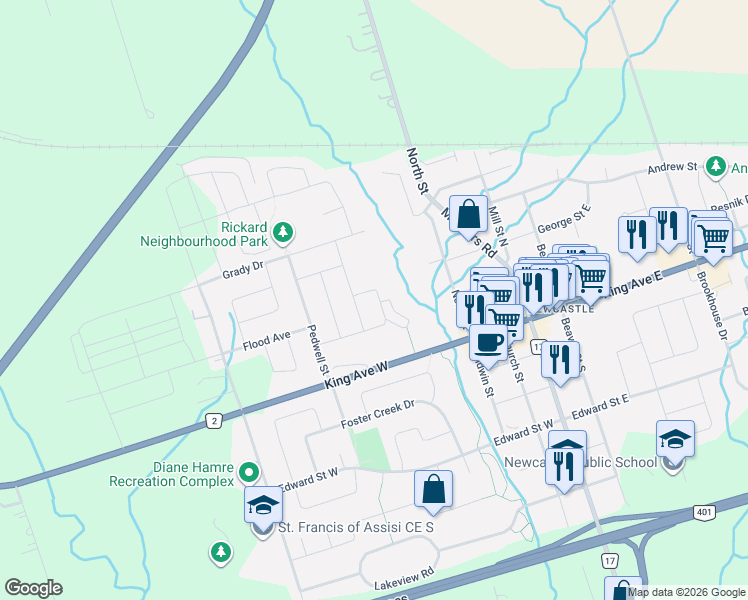 map of restaurants, bars, coffee shops, grocery stores, and more near 50 Donald Powell Cres in Clarington