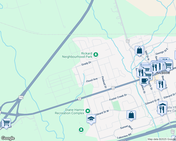 map of restaurants, bars, coffee shops, grocery stores, and more near 119 Grady Drive in Newcastle