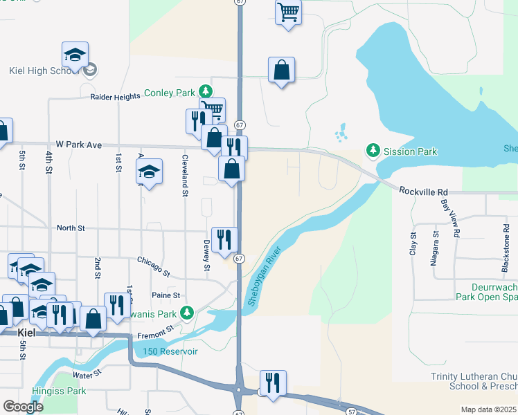 map of restaurants, bars, coffee shops, grocery stores, and more near 1040 River Trail Circle in Kiel