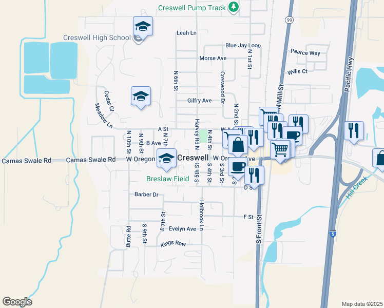 map of restaurants, bars, coffee shops, grocery stores, and more near 518 West Oregon Avenue in Creswell