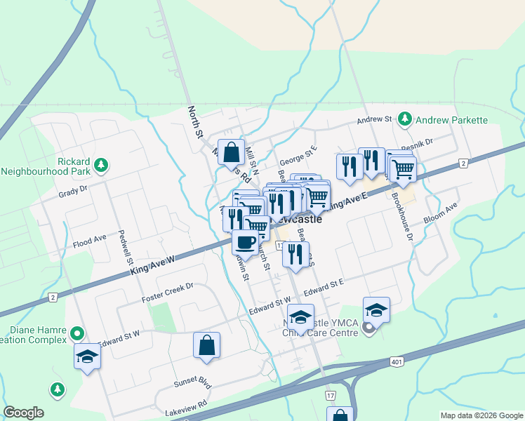 map of restaurants, bars, coffee shops, grocery stores, and more near 50 Mill Street North in Newcastle