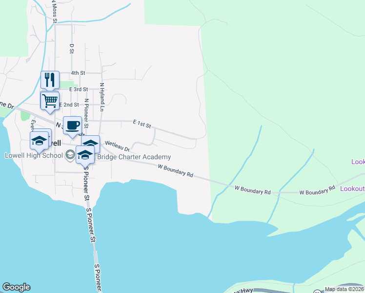 map of restaurants, bars, coffee shops, grocery stores, and more near Sunridge Lane in Lowell