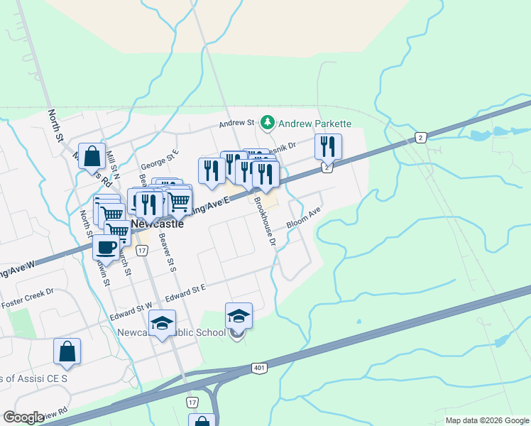 map of restaurants, bars, coffee shops, grocery stores, and more near 21 Brookhouse Drive in Newcastle